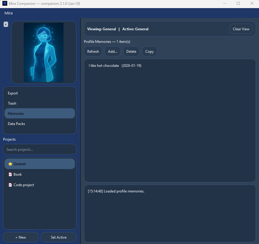 Mira Companion memories screen showing profile memories with add and delete controls.